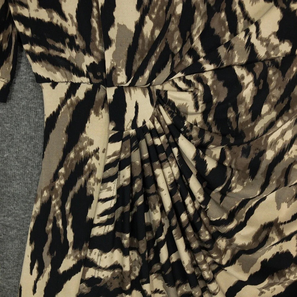 Dressbarn Tiger Print Faux Wrap Dress Women's 10 Half Sleeve Knee Length Rouched